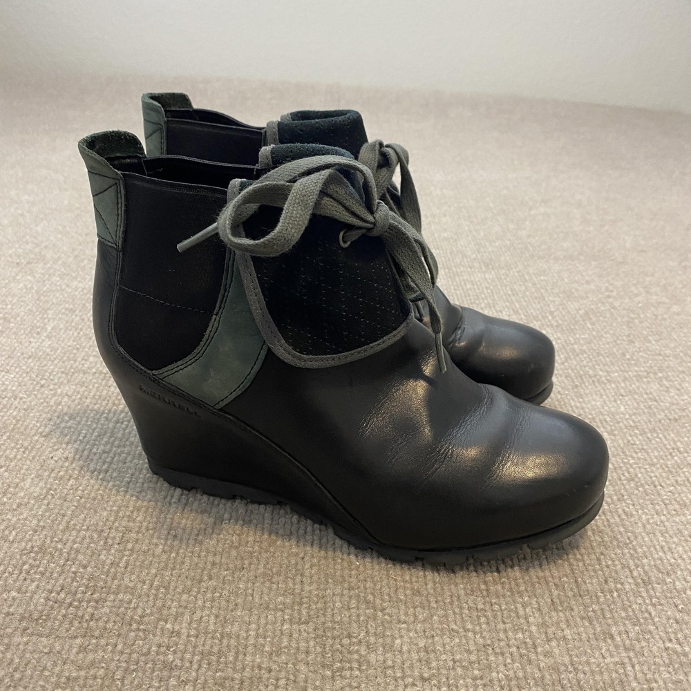 Merrell Booties Womens Size 8 Black Leather Suede Ankle Wedge Lace Up J48986